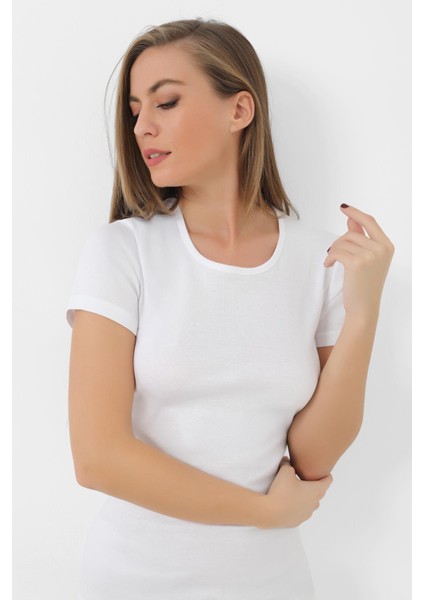 2'li Paket Kadın Beyaz Tişört Bisiklet Yaka Kısa Kollu Fanila %100 Pamuk Ribana