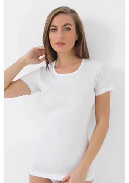 2'li Paket Kadın Beyaz Tişört Bisiklet Yaka Kısa Kollu Fanila %100 Pamuk Ribana