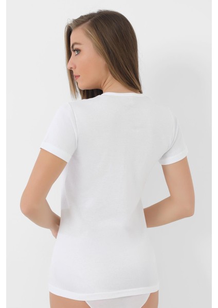 2'li Paket Kadın Beyaz Tişört Bisiklet Yaka Kısa Kollu Fanila %100 Pamuk Ribana