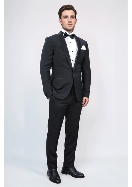 Slim Fit Saten Şal Yaka Siyah Damatlık