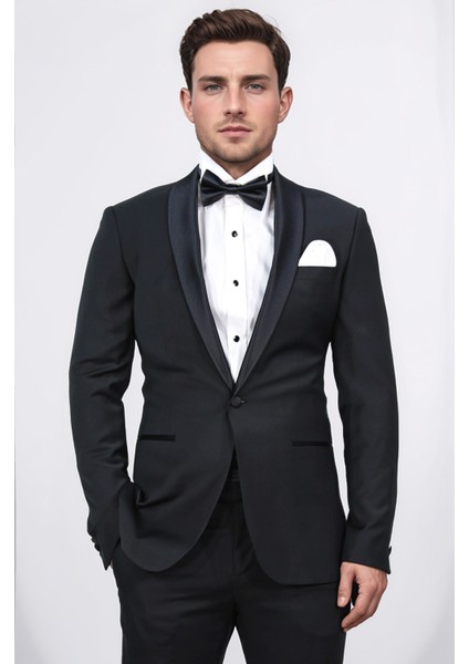 Slim Fit Saten Şal Yaka Siyah Damatlık fiyatları