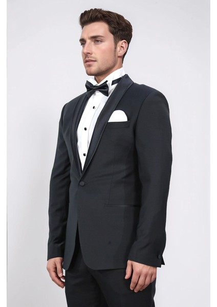 Slim Fit Saten Şal Yaka Siyah Damatlık modelleri