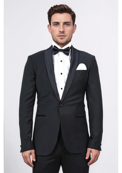Slim Fit Saten Şal Yaka Siyah Damatlık fırsatları