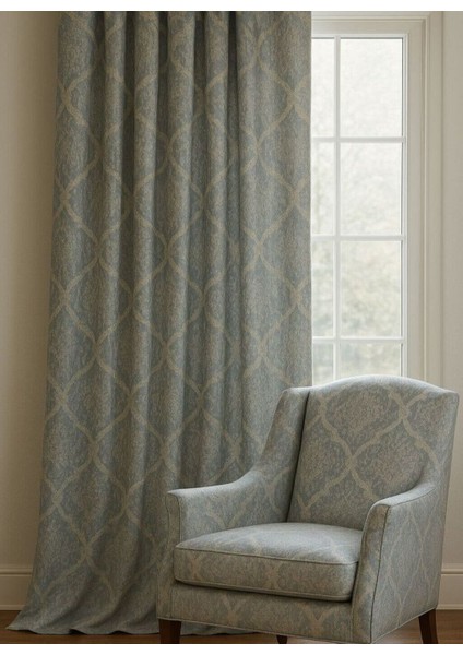 Modern Klasik Tarz Işıltılı Mavi Gri Fon Perde – Kalın Dokuma, Tek Kanat