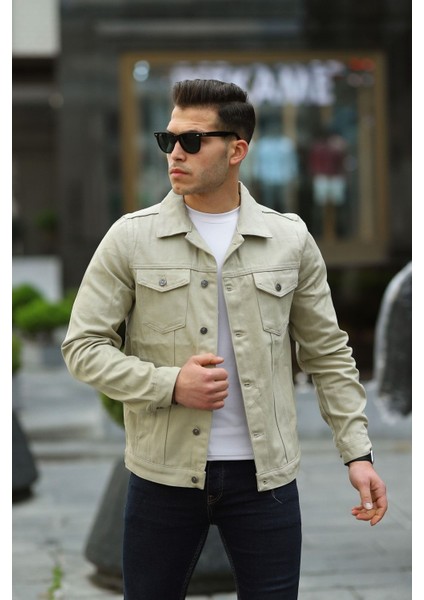 Erkek Trend Polo Yaka Slim Fit Denim Jeans Krem Kot Ceket