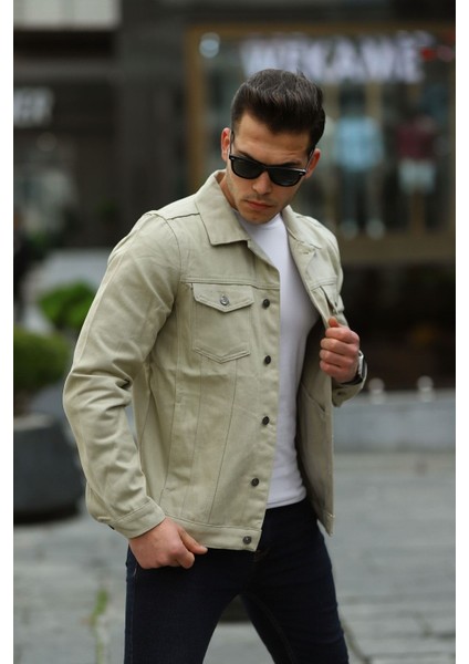 Erkek Trend Polo Yaka Slim Fit Denim Jeans Krem Kot Ceket fiyatları