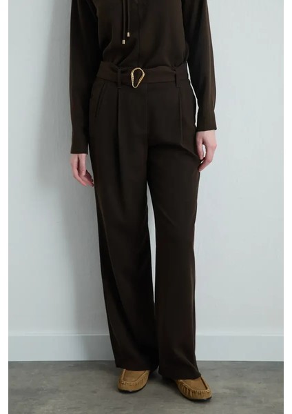 Yüksek Bel Kemerli Lyocell Pantolon - Kahverengi fiyatları