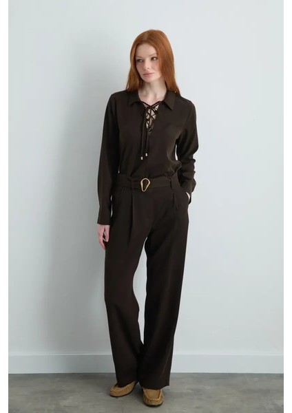 Yüksek Bel Kemerli Lyocell Pantolon - Kahverengi modelleri