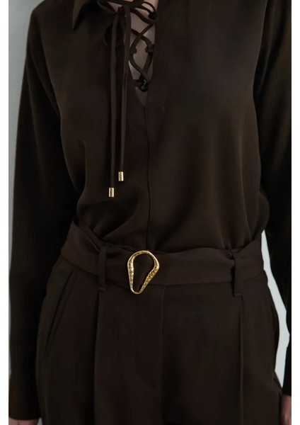 Yüksek Bel Kemerli Lyocell Pantolon - Kahverengi fırsatları