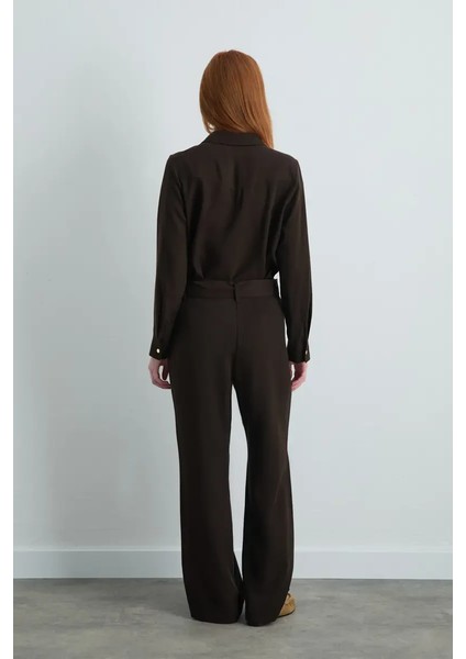 Yüksek Bel Kemerli Lyocell Pantolon - Kahverengi indirimleri