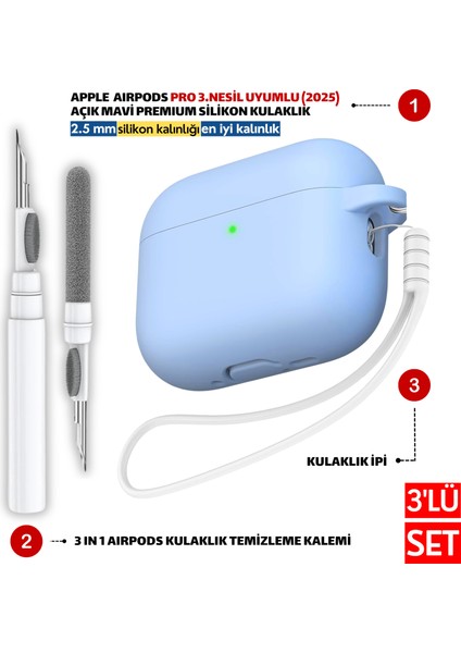 Pro 3.Nesil Uyumlu Açık Mavi Premium Silikon Kılıf, Kulaklık İpi, 3'ü 1 Arada Temizleme Kalemi Seti