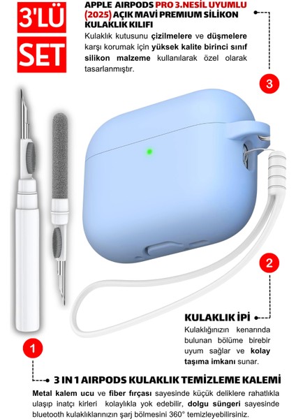 Pro 3.Nesil Uyumlu Açık Mavi Premium Silikon Kılıf, Kulaklık İpi, 3'ü 1 Arada Temizleme Kalemi Seti fiyatları