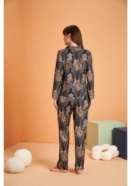 Pjs 28039 Kadın Uzun Kol Boydan Düğmeli Desenli Pijama Takımı modelleri