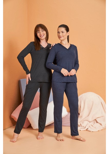 Pjs 28091 Kadın Uzun Kol V Yaka Pijama Takımı