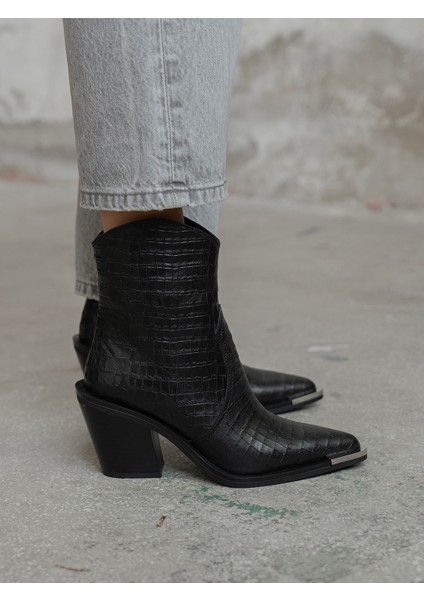 April Siyah Kroko Hakiki Deri Kadın Bot