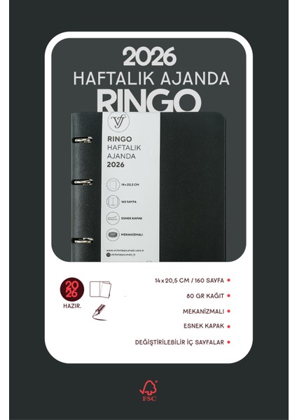 Ringo 2026 Haftalık Ajanda A5 (14X21CM) Esnek Kapak Ivory 80GR. Içi Değişebilir indirimleri