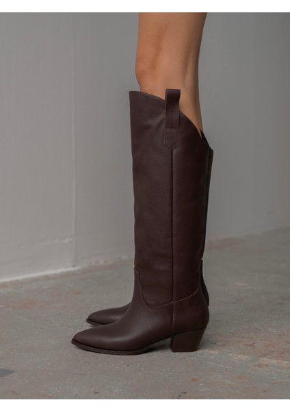 Mely Kahve Hakiki Deri Kadın Çizme