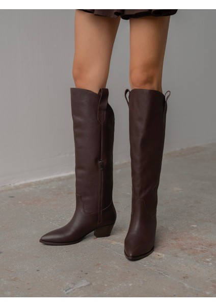 Mely Kahve Hakiki Deri Kadın Çizme modelleri