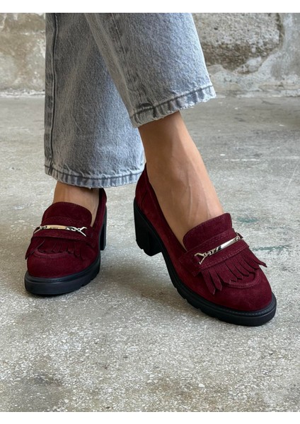 Epis Bordo Süet Hakiki Deri Kadın Makosen