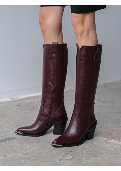 Zonia Bordo Hakiki Deri Kadın Çizme modelleri