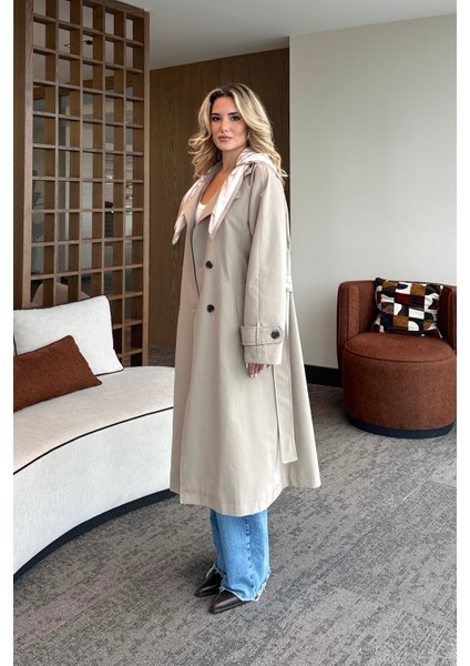 Haki Fularlı Uzun Trençkot - 7535 fiyatları