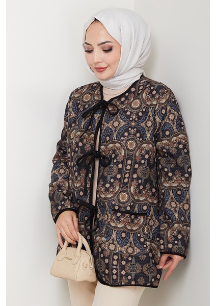 Etnik Desen Bağlamalı Kapitone Ceket 1618 - Siyah