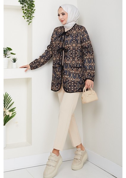 Etnik Desen Bağlamalı Kapitone Ceket 1618 - Siyah fırsatları