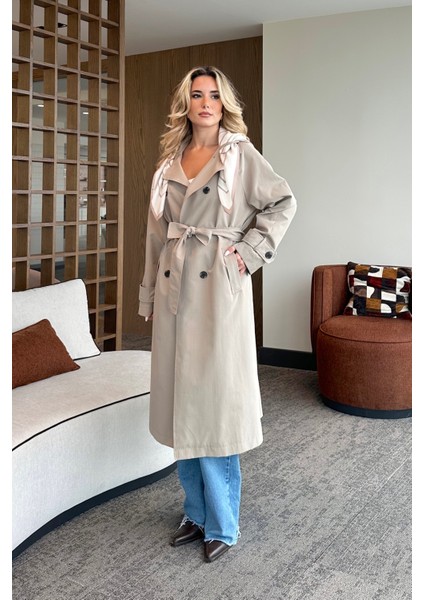 Haki Fularlı Uzun Trençkot - 7535 fırsatları