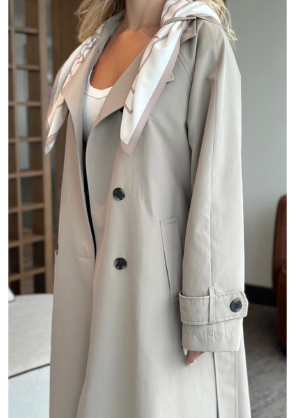 Haki Fularlı Uzun Trençkot - 7535 indirimleri