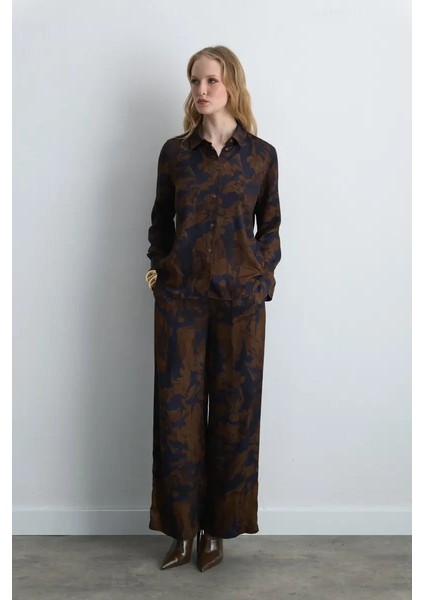 Anka Koleksiyonu Bol Paça Viskon Saten Pantolon - Kahverengi