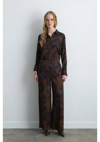 Anka Koleksiyonu Bol Paça Viskon Saten Pantolon - Kahverengi modelleri