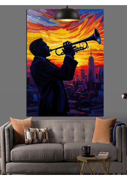 Trompet Çalan Adam Silüeti Akşam Vakti Dekoratif Kanvas - Mdf Ahşap Tablo