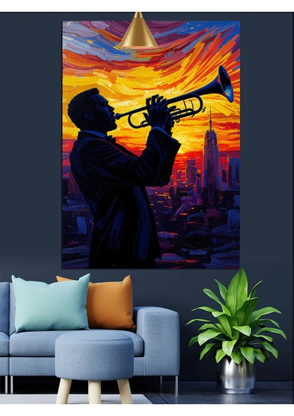 Trompet Çalan Adam Silüeti Akşam Vakti Dekoratif Kanvas - Mdf Ahşap Tablo fiyatları