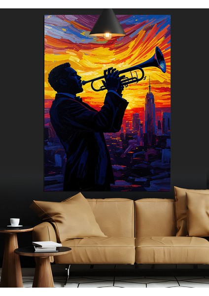Trompet Çalan Adam Silüeti Akşam Vakti Dekoratif Kanvas - Mdf Ahşap Tablo modelleri