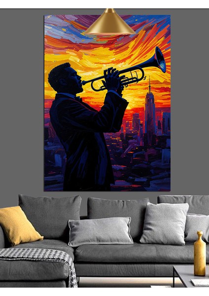 Trompet Çalan Adam Silüeti Akşam Vakti Dekoratif Kanvas - Mdf Ahşap Tablo fırsatları