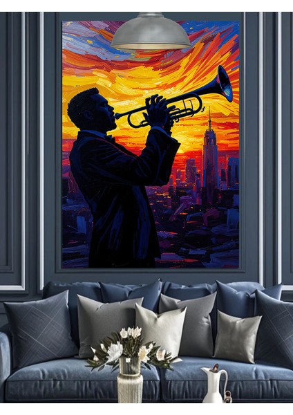 Trompet Çalan Adam Silüeti Akşam Vakti Dekoratif Kanvas - Mdf Ahşap Tablo indirimleri