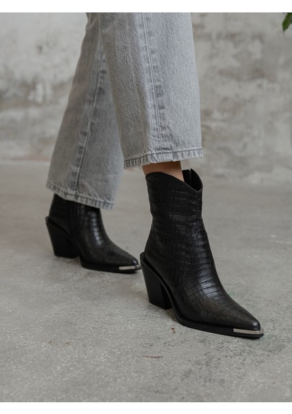 April Siyah Kroko Hakiki Deri Kadın Bot