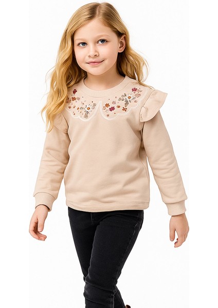 Fırfırlı Yakası Çiçek Nakışlı 2 Iplik Uzun Kol Kız Çocuk Sweatshirt