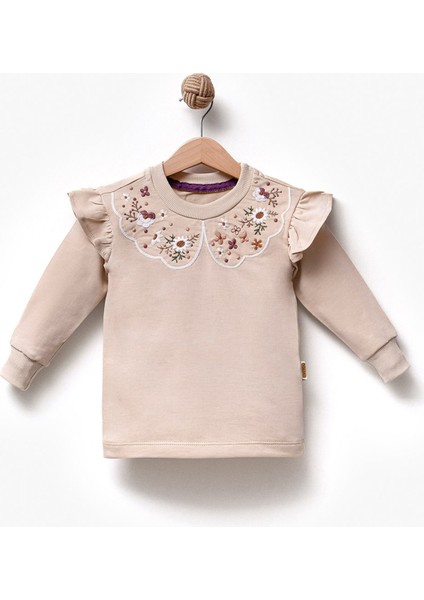 Fırfırlı Yakası Çiçek Nakışlı 2 Iplik Uzun Kol Kız Çocuk Sweatshirt fiyatları