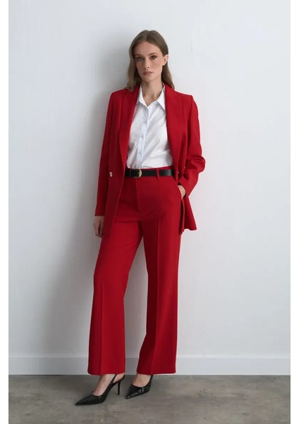 Bol Paça Krep Pantolon - Kırmızı