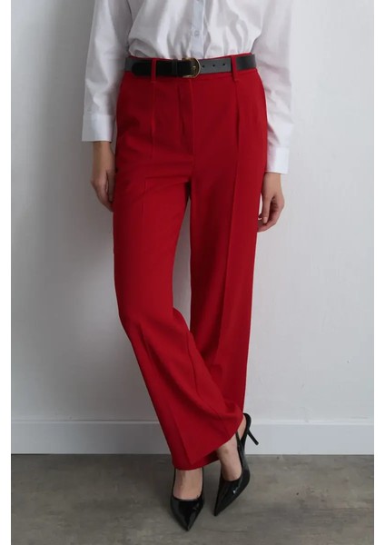 Bol Paça Krep Pantolon - Kırmızı modelleri