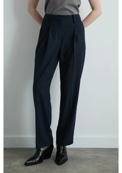 Havuç Kesim Silik Çizgili Kaşe Pantolon - Lacivert modelleri