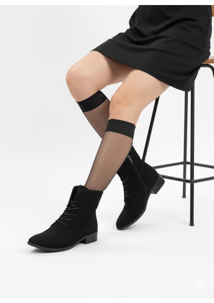 Kadın Bağcıklı Fermuarlı Kalın Topuk Sivri Burun Bot