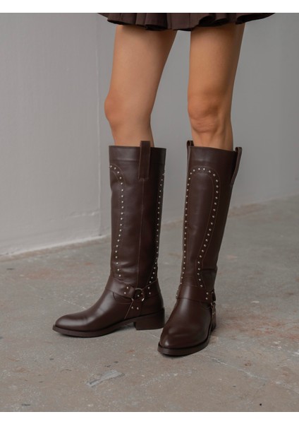 Faren Kahve Zımbalı Hakiki Deri Kadın Çizme