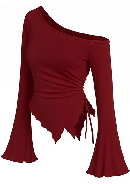 Kadın Bordo Uzun Ispanyol Kollu Asimetirik Yaka Yandan Bağlamalı Drapeli Bluz