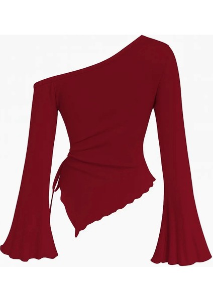 Kadın Bordo Uzun Ispanyol Kollu Asimetirik Yaka Yandan Bağlamalı Drapeli Bluz fiyatları