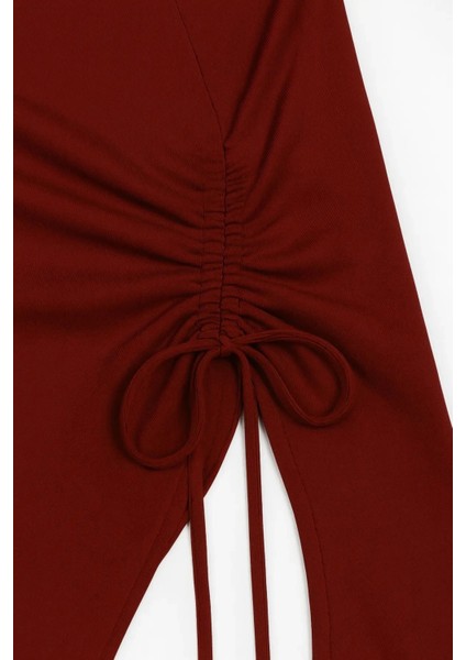 Kadın Bordo Uzun Ispanyol Kollu Asimetirik Yaka Yandan Bağlamalı Drapeli Bluz fırsatları