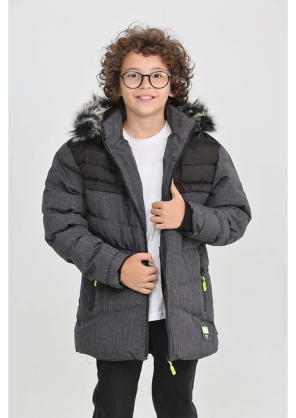 Erkek Çocuk Gri Kalın Kışlık Kürklü Kapüşonlu Su Itici Mont Fermuarlı Cepli, Dayanıklı Şık Kaban