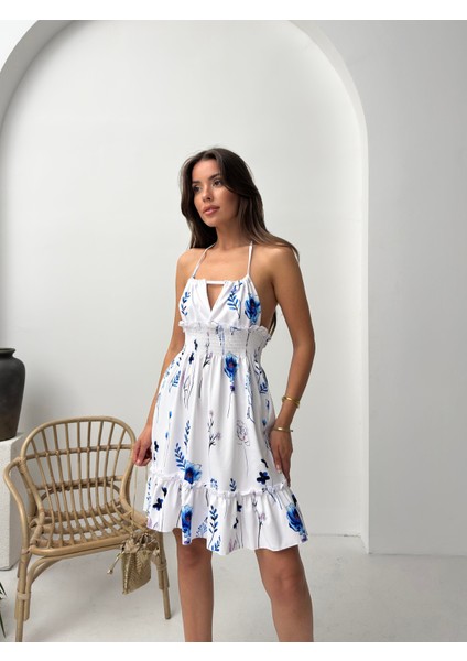 Mavi Çiçek Desenli Halter Yaka Büzgülü Mini Elbise fiyatları