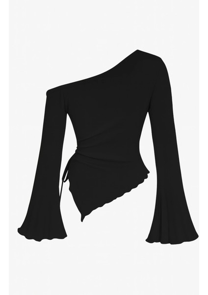 Kadın Siyah Uzun Ispanyol Kollu Asimetirik Yaka Yandan Bağlamalı Drapeli Bluz modelleri